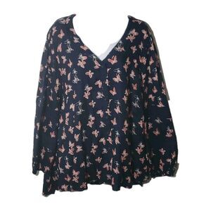 Lane Bryant 14/16 Blue Pink V-Neck Buttons Butterflies Embroidered Sleeve Tunic